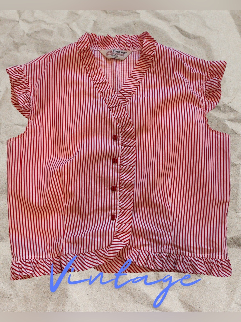 Vintage Stage West Red & White Striped Ruffle Blouse Top
